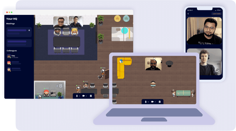 Cosmos Video virtual space experience shown on desktop and mobile app.