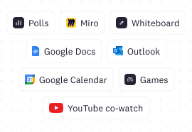 Cosmos Video has multiple integrations during the call including Google Calendar, Polls, Miro, Games, Youtube co-watch.