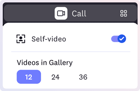 Cosmos call settings showing the Videos in Gallery control set to 12, with 24 and 36 also available
