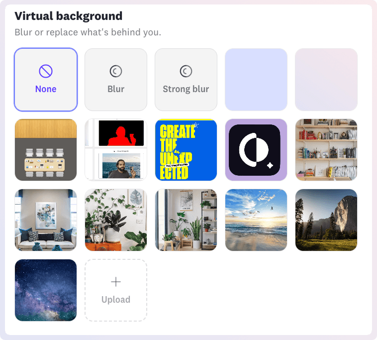 The Cosmos virtual background picker: None, Blur and Strong blur, solid colours, built-in scenes including an office, a living room, a beach and a mountain range, and an Upload tile.