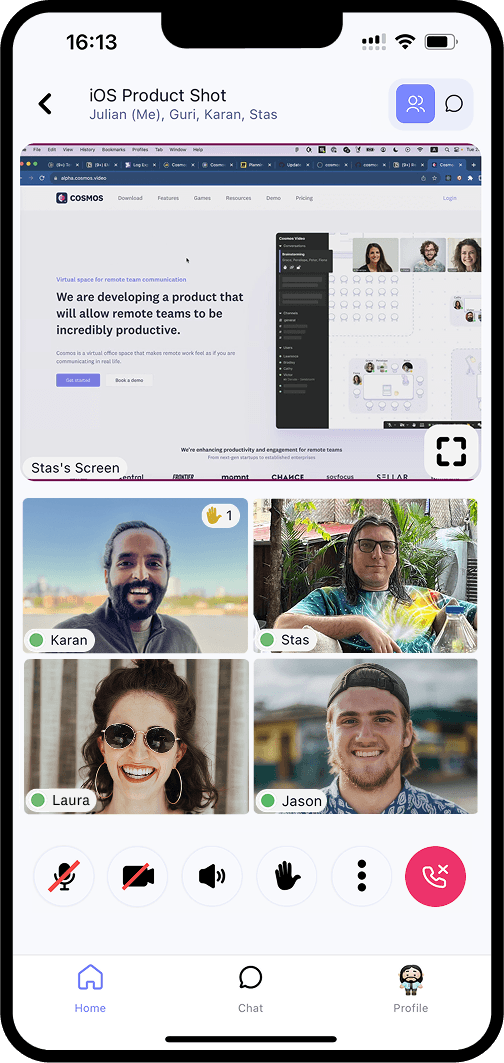 Call experience with screenshare happening on Cosmos mobile app.