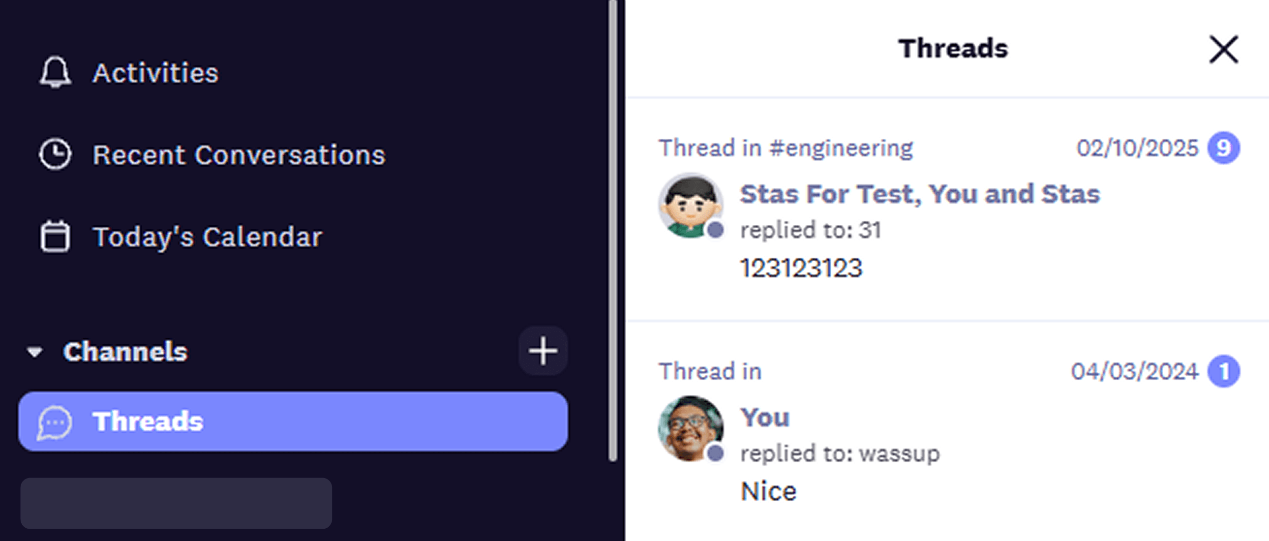 All thread conversations in Cosmos shows under Threads section in the sidebar.