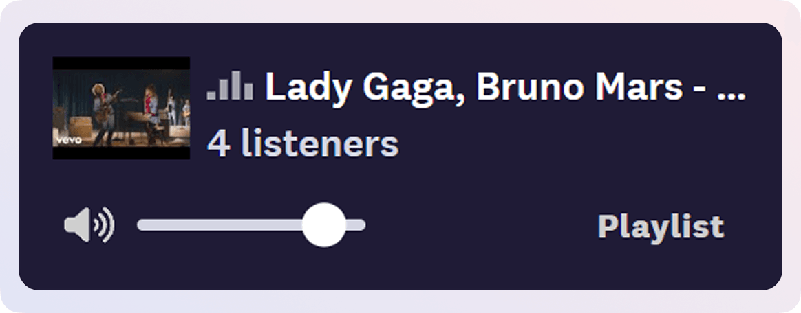 Listen songs together across the space using Space radio. Add songs to playlist and change the volume as needed.