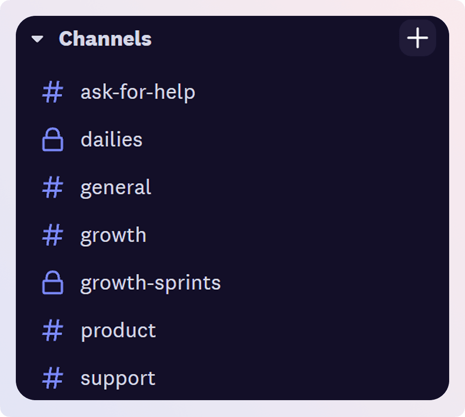 Public channels are showcased with hash icon and private channels are shown with lock icon under the channels tab.