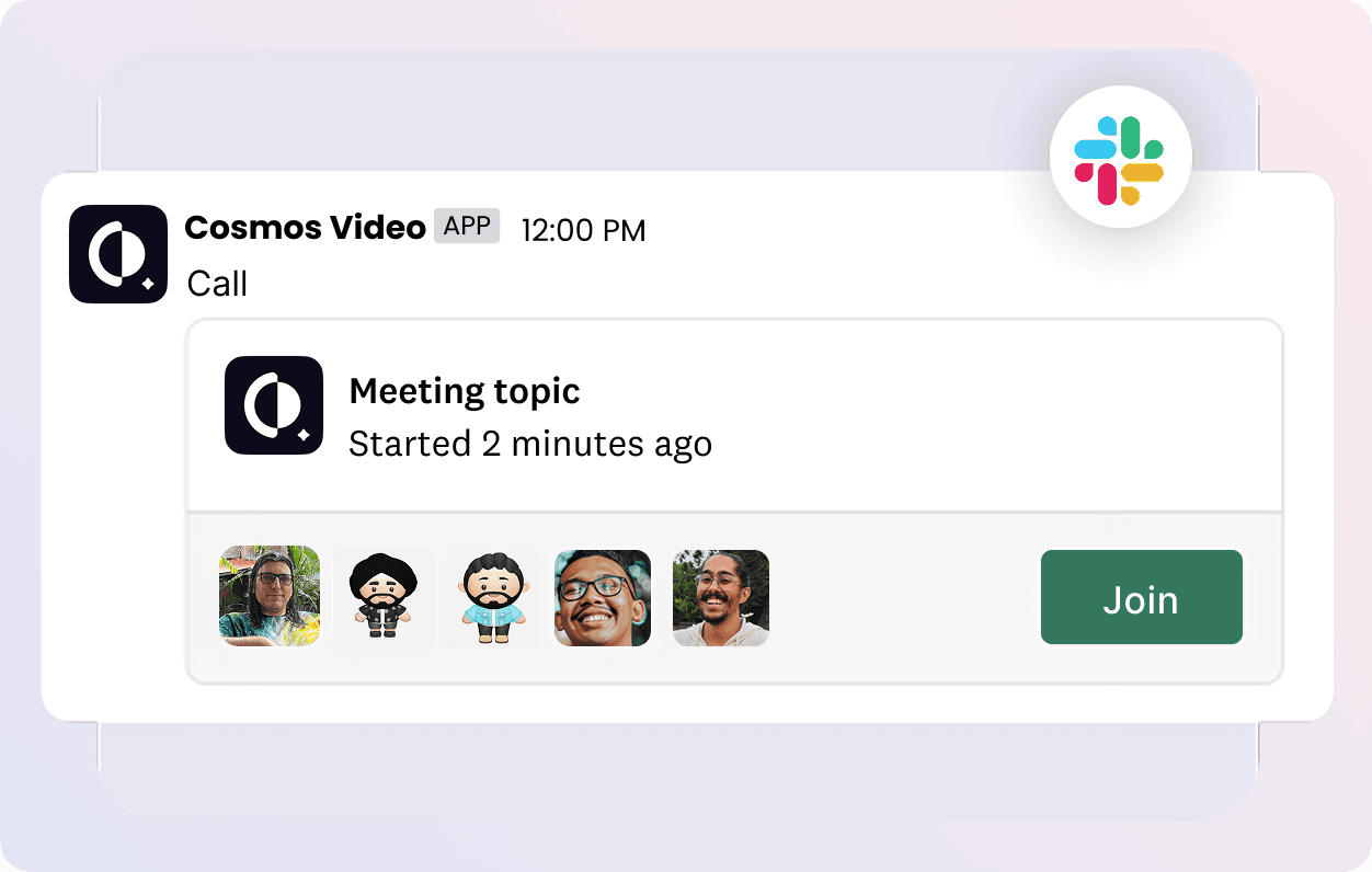 Know what meetings are happening in Cosmos in a Slack channel using the Cosmos Slack integration.