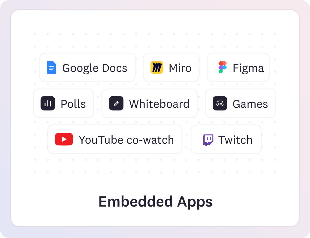 Embed links in Cosmos like Miro, Google docs and users can use them in real-time. Also host youtube co-watch sessions in sync.