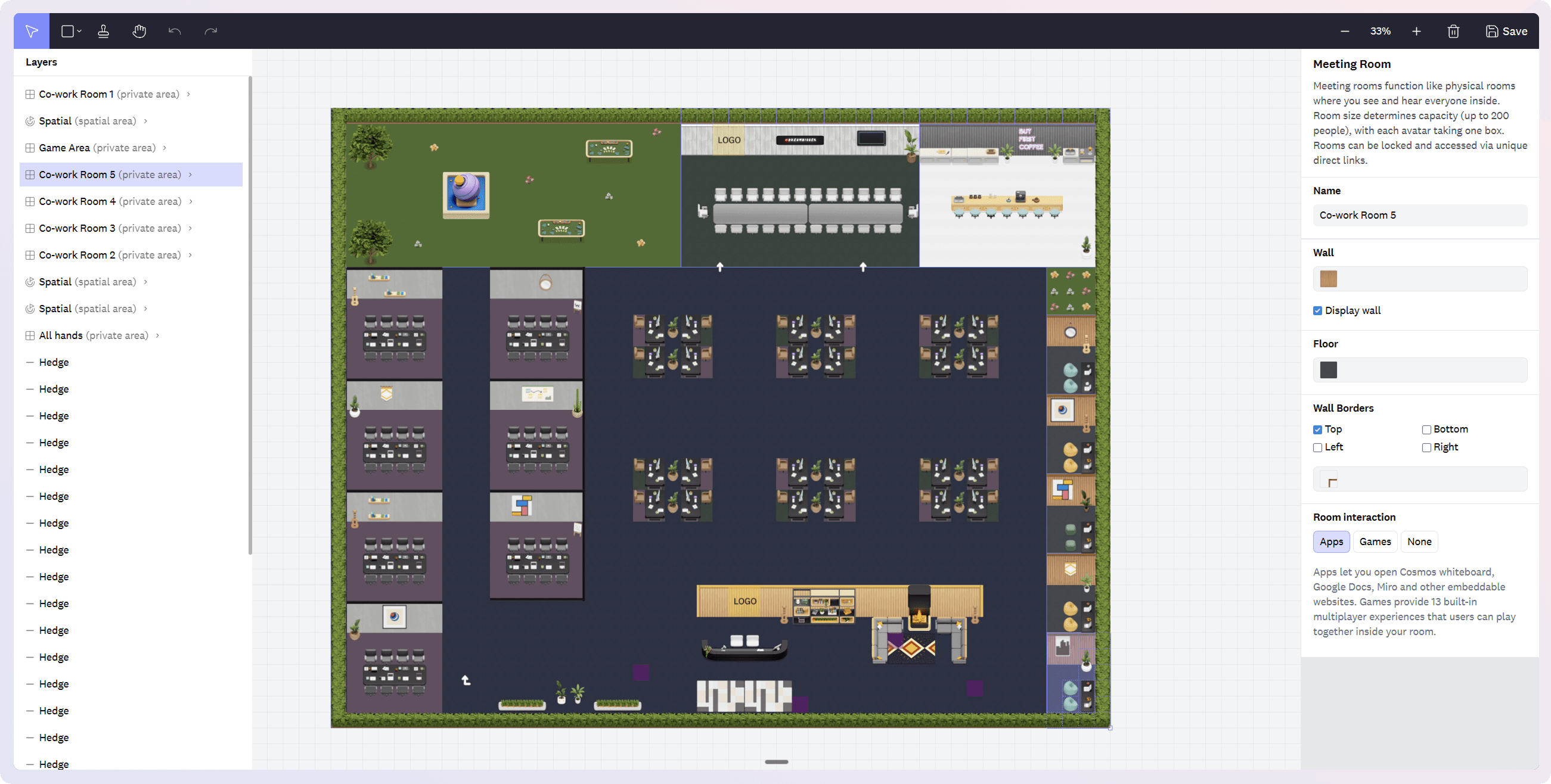 Build custom cosmos space floor plans from scratch using the builder. Drag and drop areas and decorate as per your wish.
