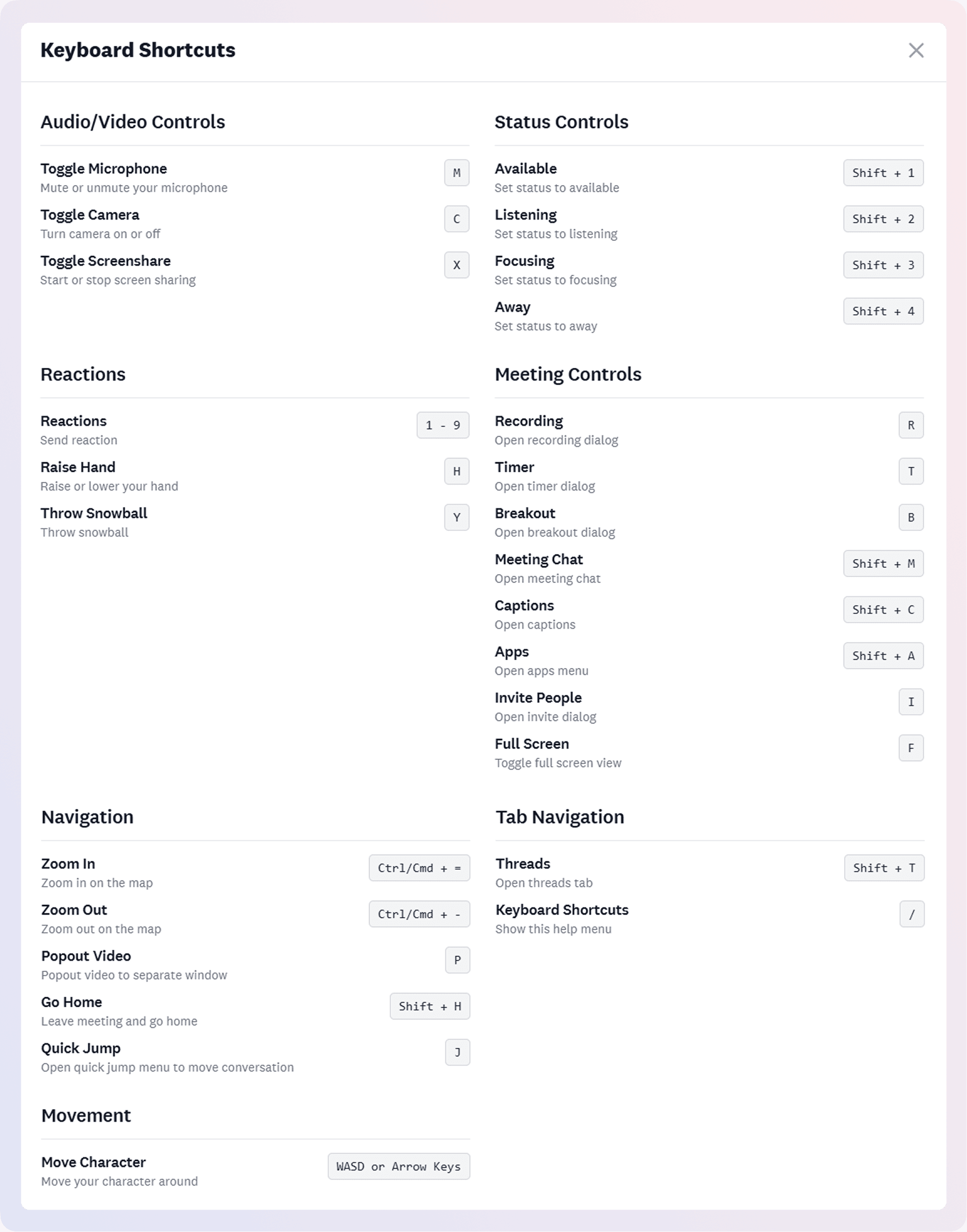 List of all keyboard shortcuts of Cosmos.