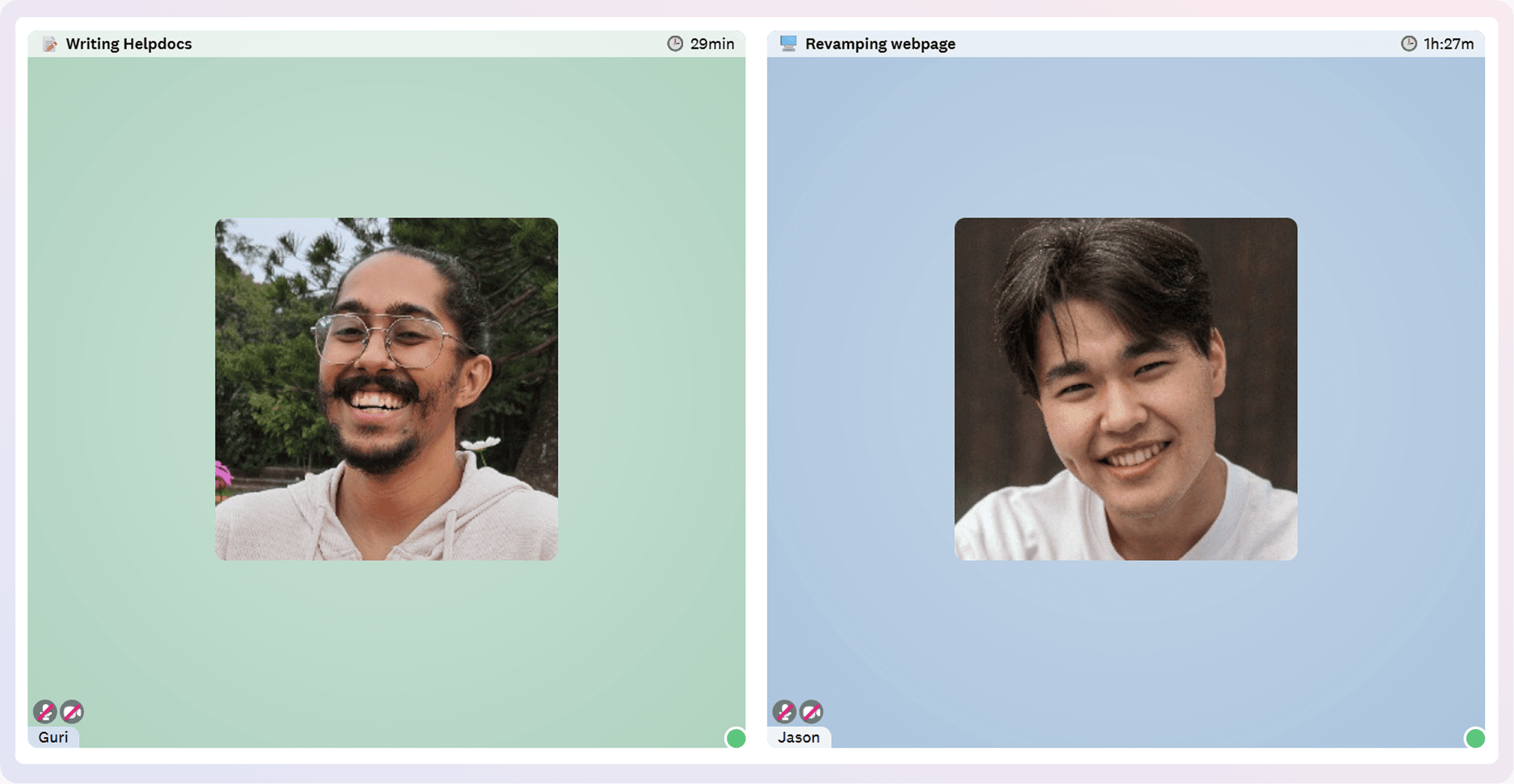 In Focus rooms, people have their mics muted and cameras on to establish accountability. You can also set status to showcase what you are working on.