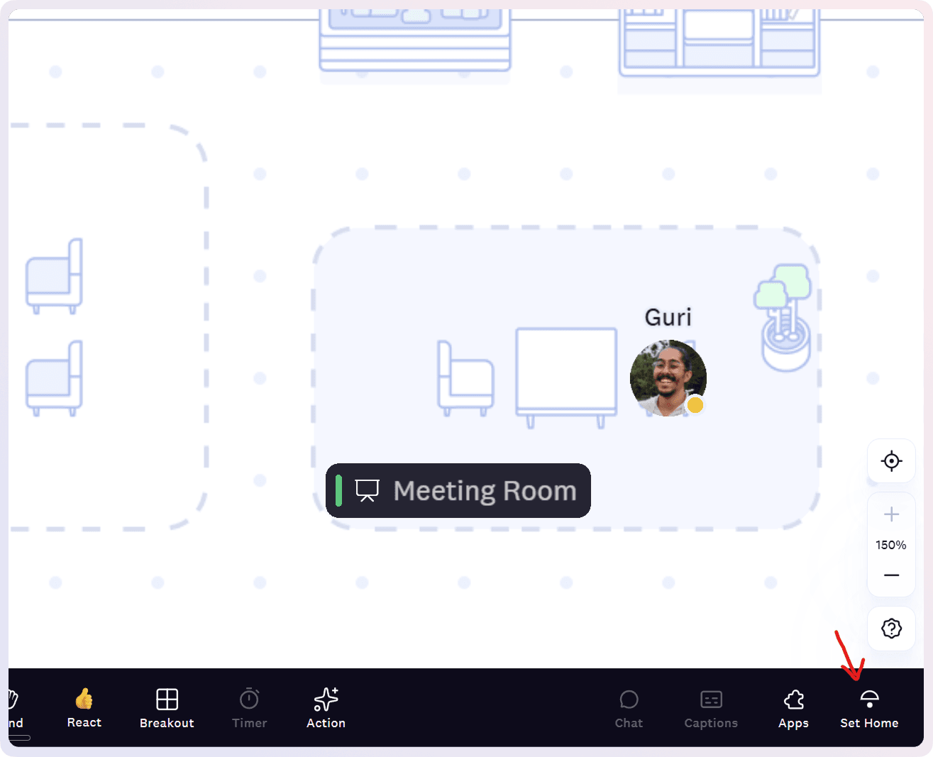Set home desk in Cosmos by going to a personal room and clicking on Set home icon.