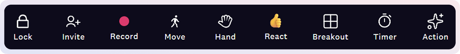 Have access to Cosmos toolbar with which you can perform multiple actions like Hand raise, react, record, breakout, start timer etc.