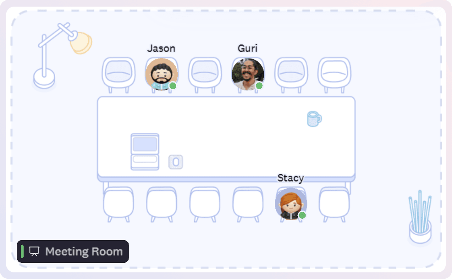 In Cosmos meeting rooms, people are able to hear each other irrespective of the spot they are on. Same like a physical office where everyone in the room can see and hear each other.