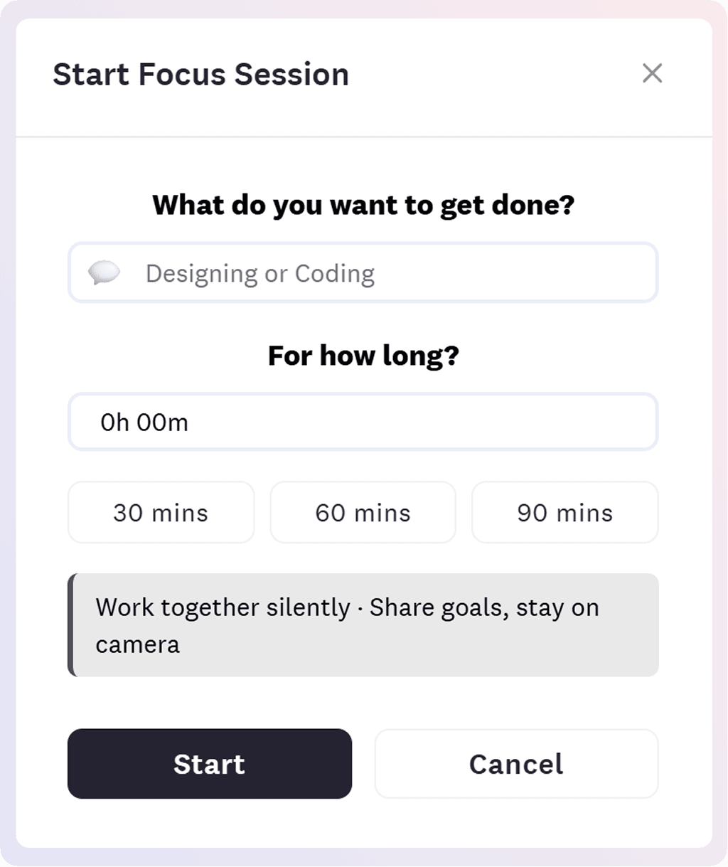 Set your status in Focus rooms to create accountability. Tell what you are working on and for how long.