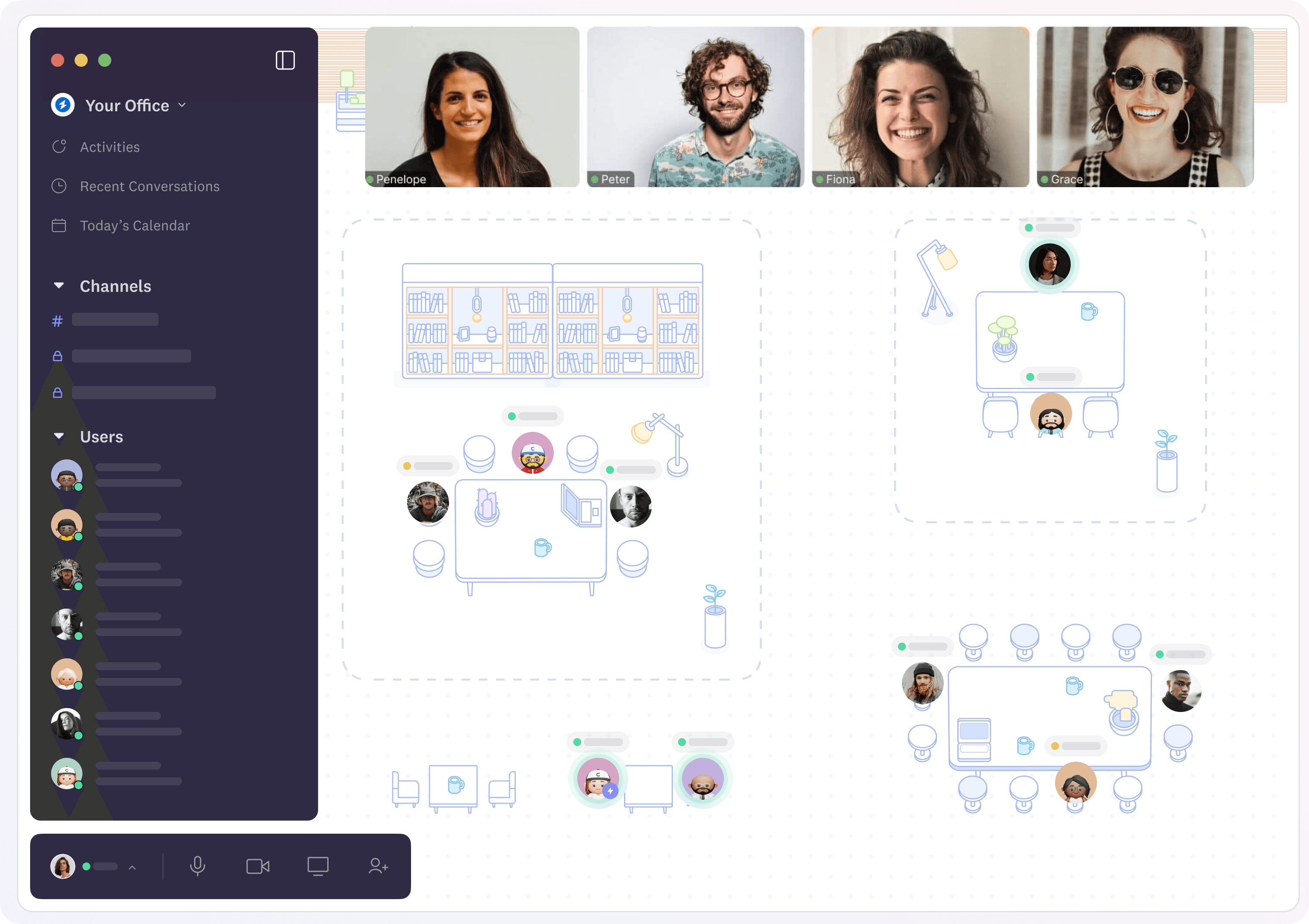 Cosmos virtual space with minimal theme where people are present together and are talking to each other.