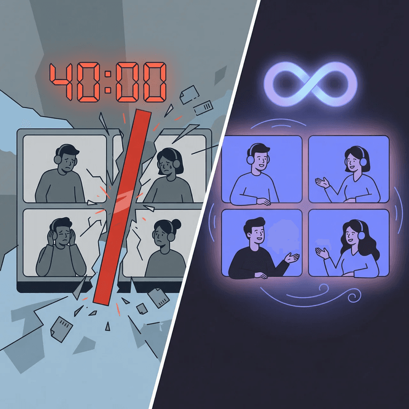 Split illustration comparing Zoom 40 minute free limit with Cosmos Video unlimited time