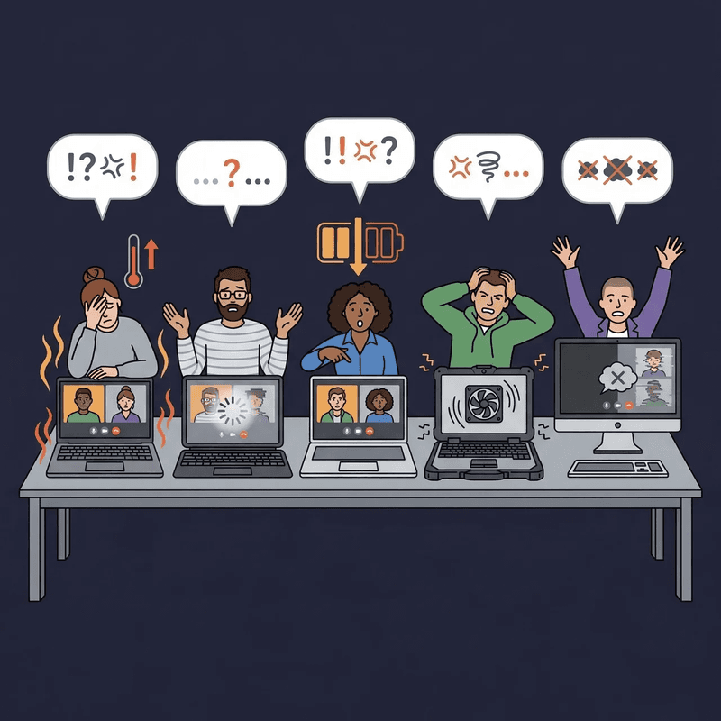 Frustrated team on Zoom calls showing audio glitches and connection issues across multiple laptops