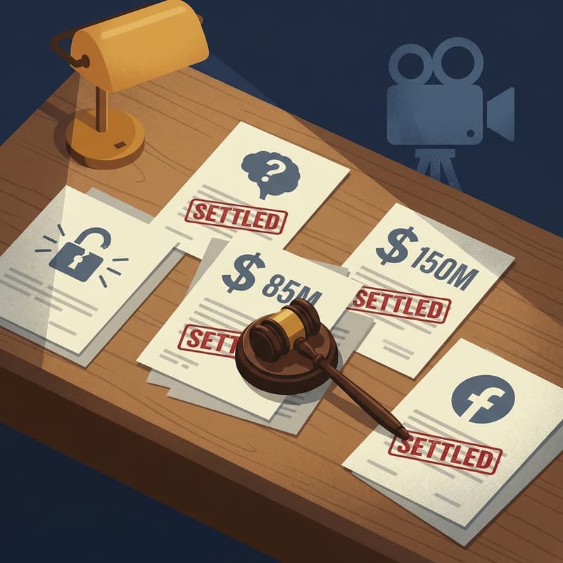 Illustration of a desk with multiple Zoom legal settlement papers showing 5M and 50M payouts