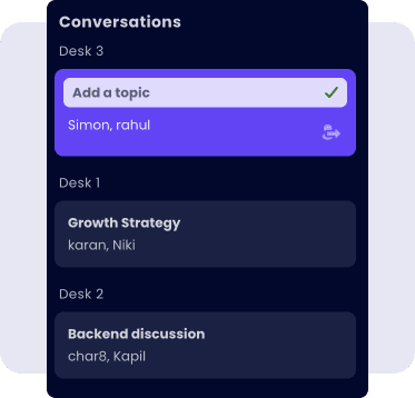 Cosmos Video Conversations panel with per-desk meeting topics so teams know what others are discussing