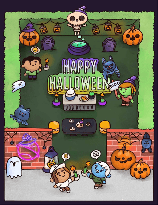 Cosmos Video office decorated for Happy Halloween with pumpkins, ghosts and spider webs