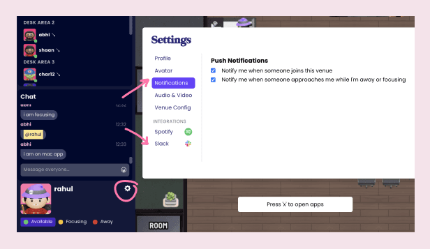 Cosmos Video settings panel for enabling push notifications when someone joins the space