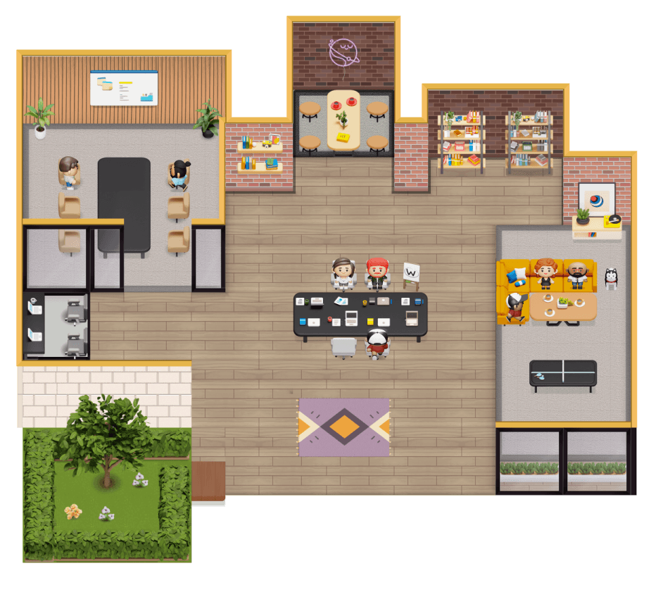 Redesigned Cosmos Video spatial office with library, pantry, meeting area and new pixel-art tiles