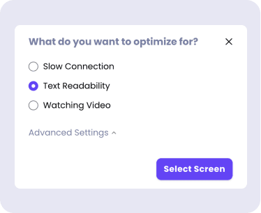 Cosmos Video screen share optimisation dialog for text readability, slow connections or video playback