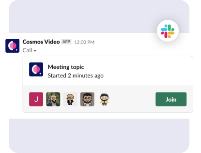 Cosmos Video Slack notification showing a live meeting topic with a one-click Join button