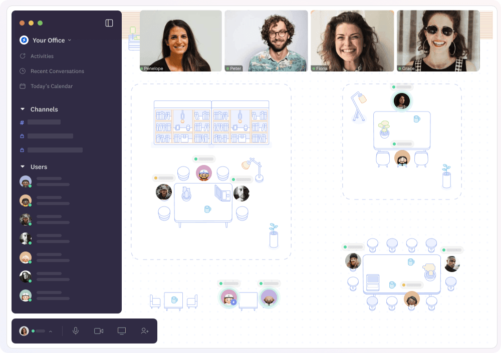 Cosmos Video virtual office map with Slack sidebar and teammates distributed across desks