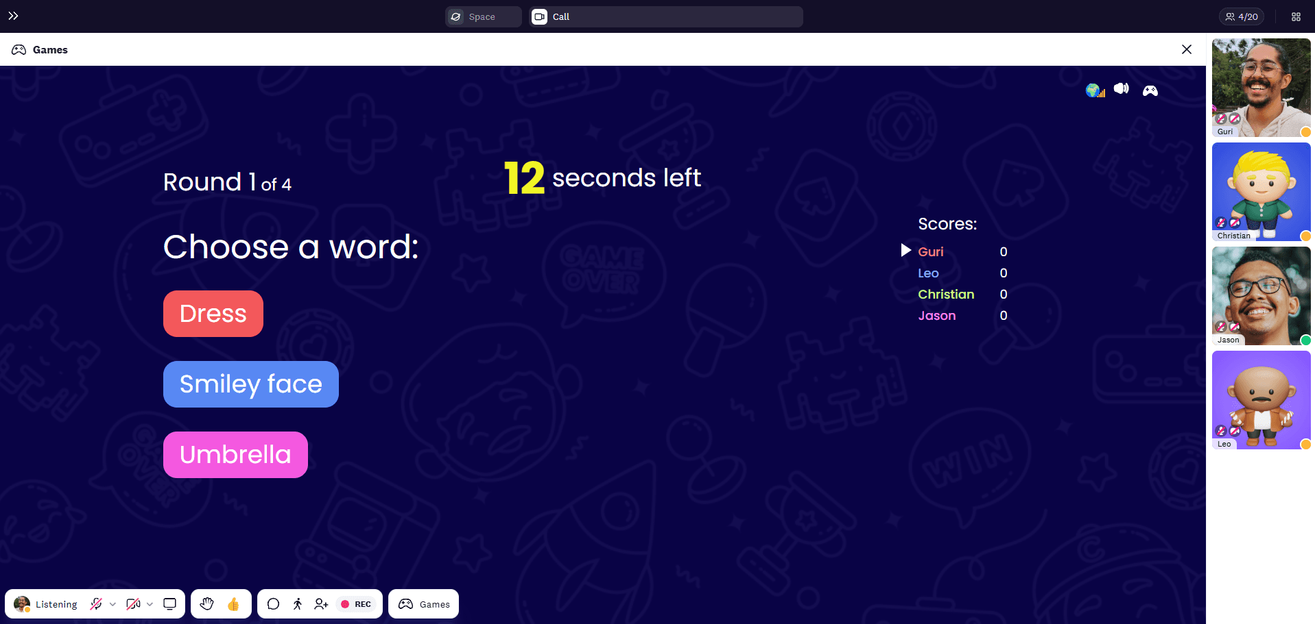 Choose a word out of three to draw and let others guess what you are drawing in Cosmos art game.