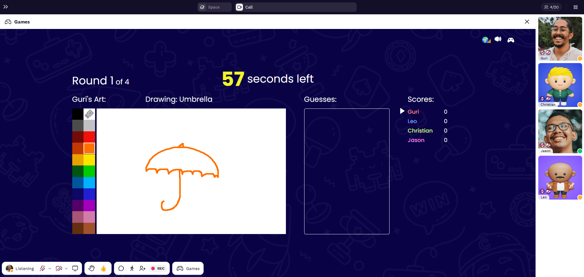 Teammate drawing an umbrella and other teammates are guessing the drawing in Cosmos art game.
