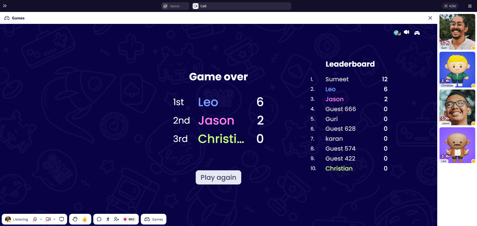 At the end of the Cosmos Art game, player who got the most points wins. The leaderboard is shown at the end.