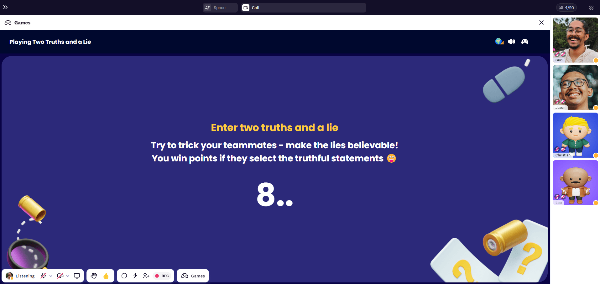 Write two truths and a lie to trick opponents in this Cosmos video game.
