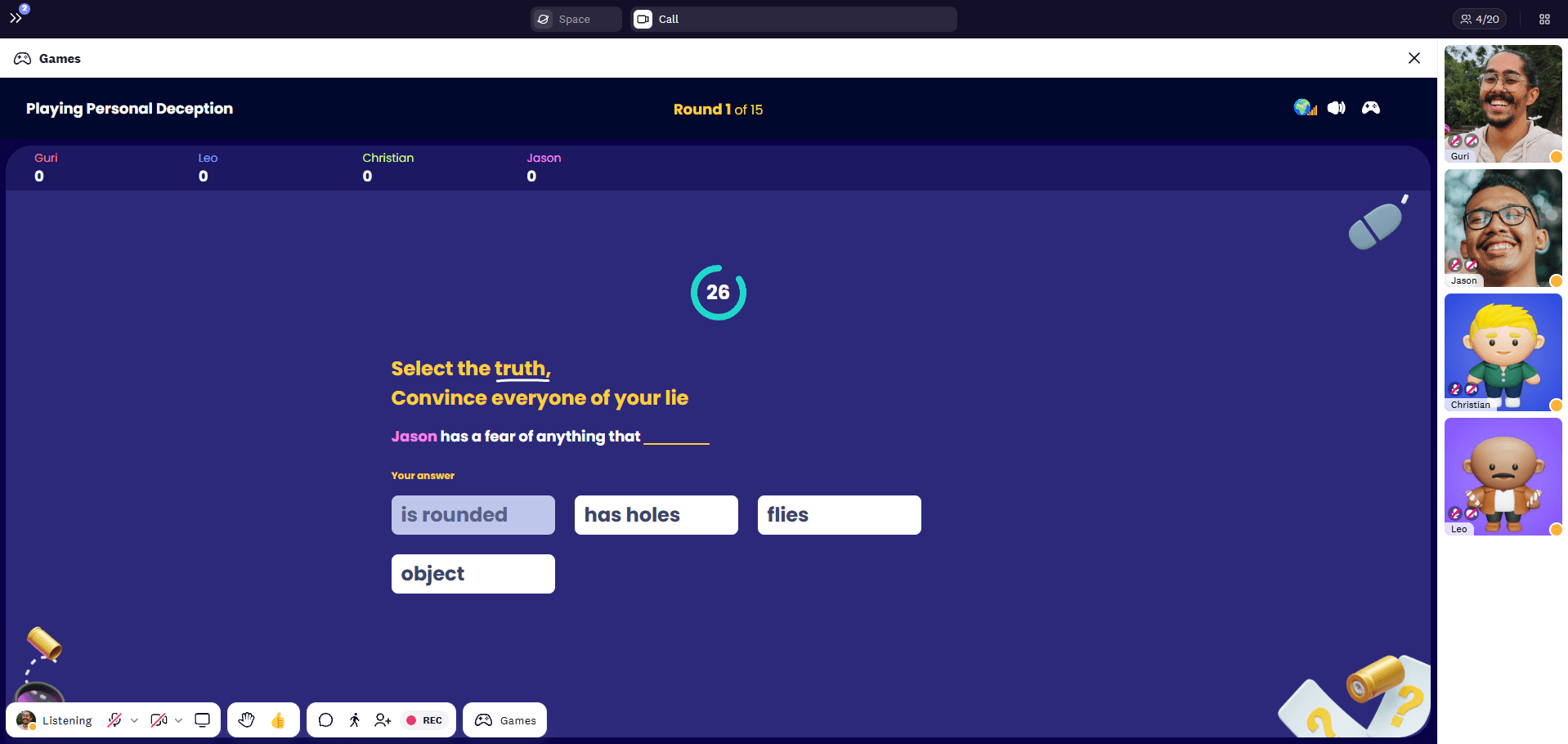 Personal deception question depicting Jason's fear of something.