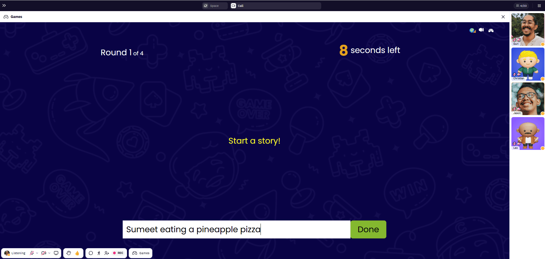 Start a story by writing a prompt for your teammates to draw in the most descriptive way possible in Cosmos telephone game.