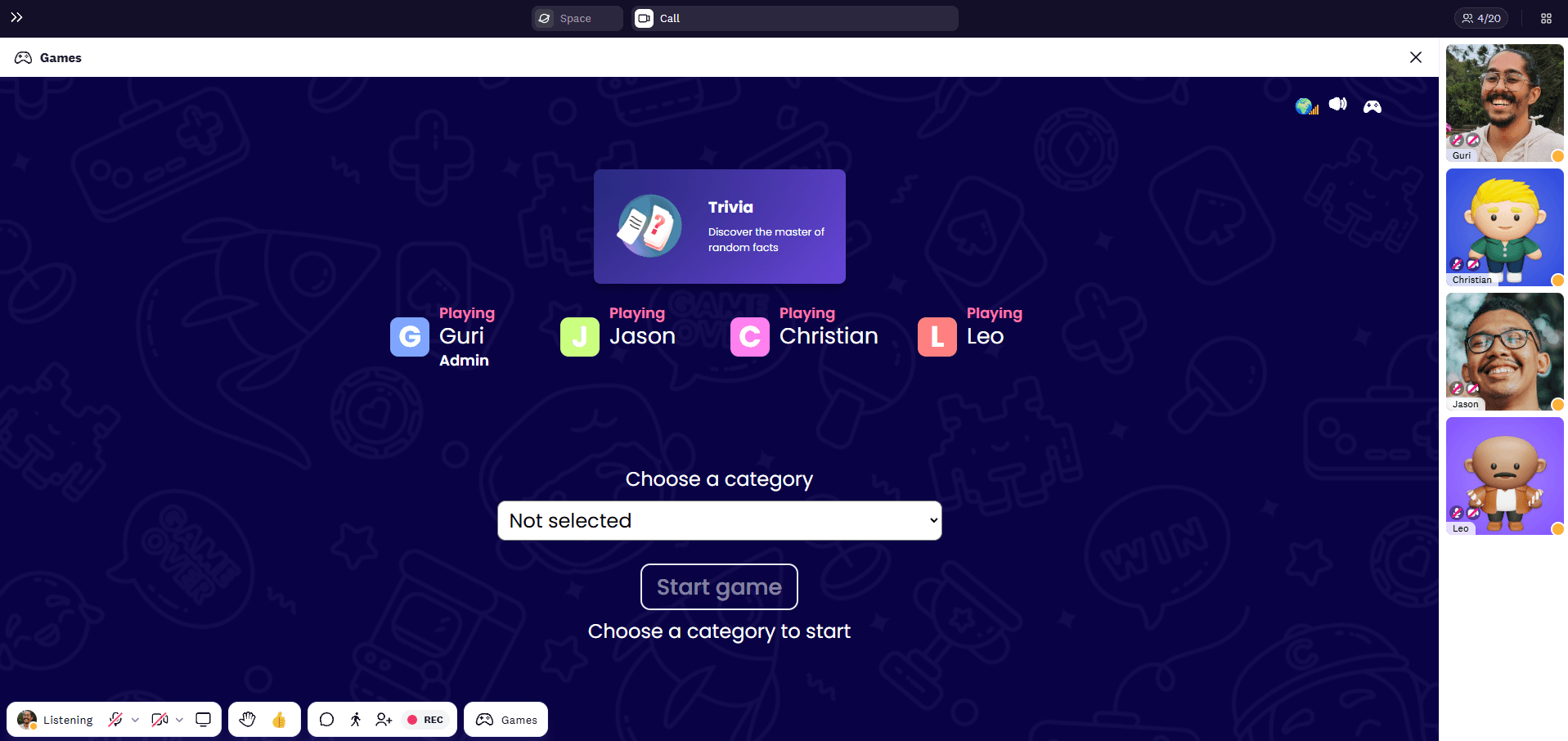 Choose a category of questions to play Trivia on in Cosmos trivia game.