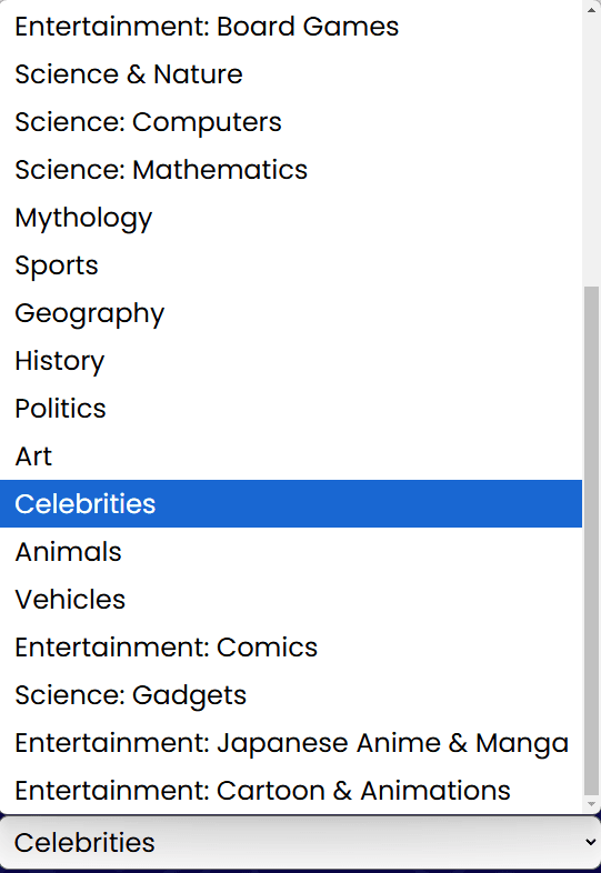Cosmos trivia has multiple categories like Sports, Geography, Art, Celebrities etc.
