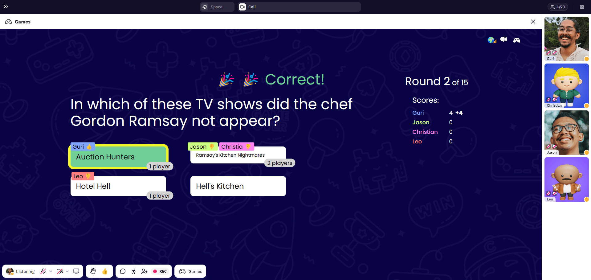 Once everyone has selected their answers, right answers are revealed and points are distributed in Cosmos trivia game.