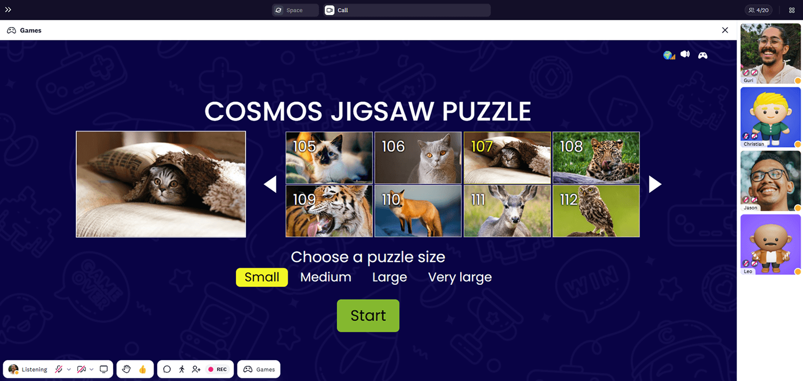 Choose from a variety of frames and the puzzle piece size in Cosmos video Jigsaw puzzle game.