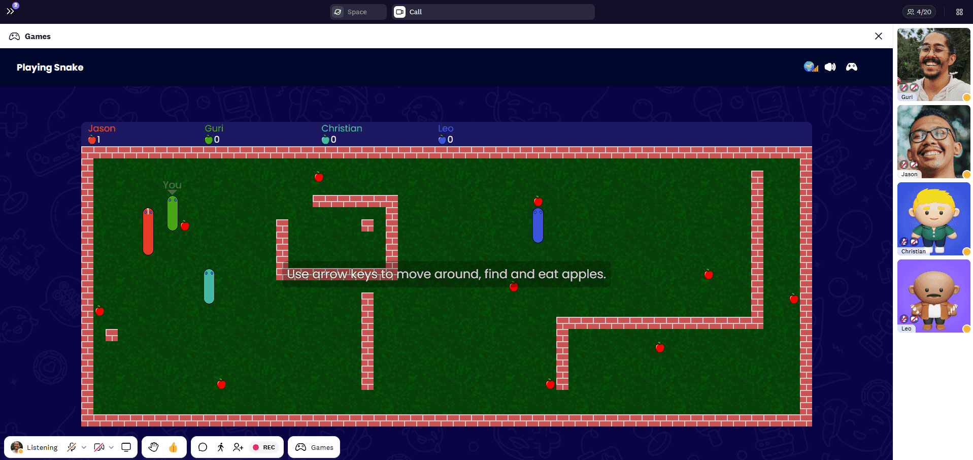 Play a game of Cosmos snake and eat as many apples you can without hitting your head on the wall, other players or your body itself in Cosmos snake game.
