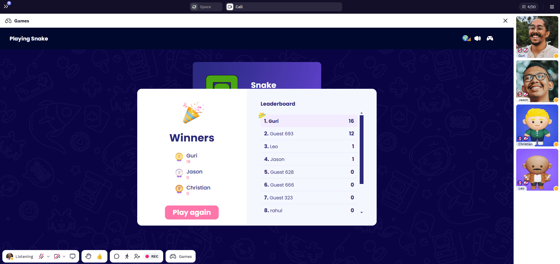 Winner at the end of Cosmos snake game registers the score on the leaderboard.