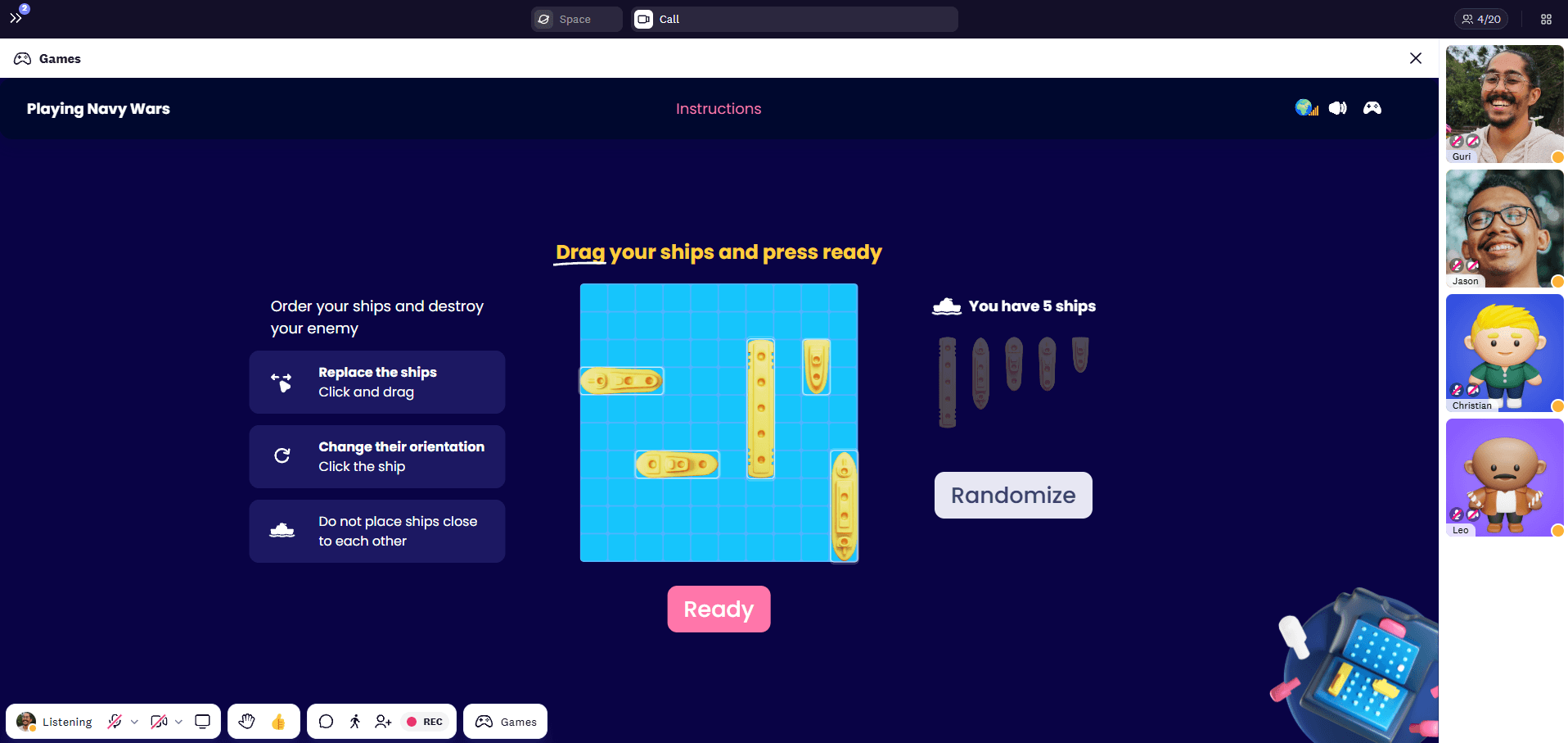 Place your different sized ships on the grid in Cosmos navy wars game.