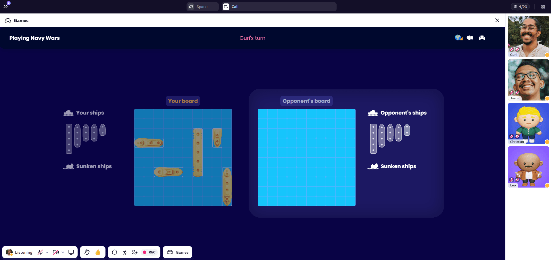 Hit a spot on opponents grid to locate and sink their ships in Cosmos navy wars game.