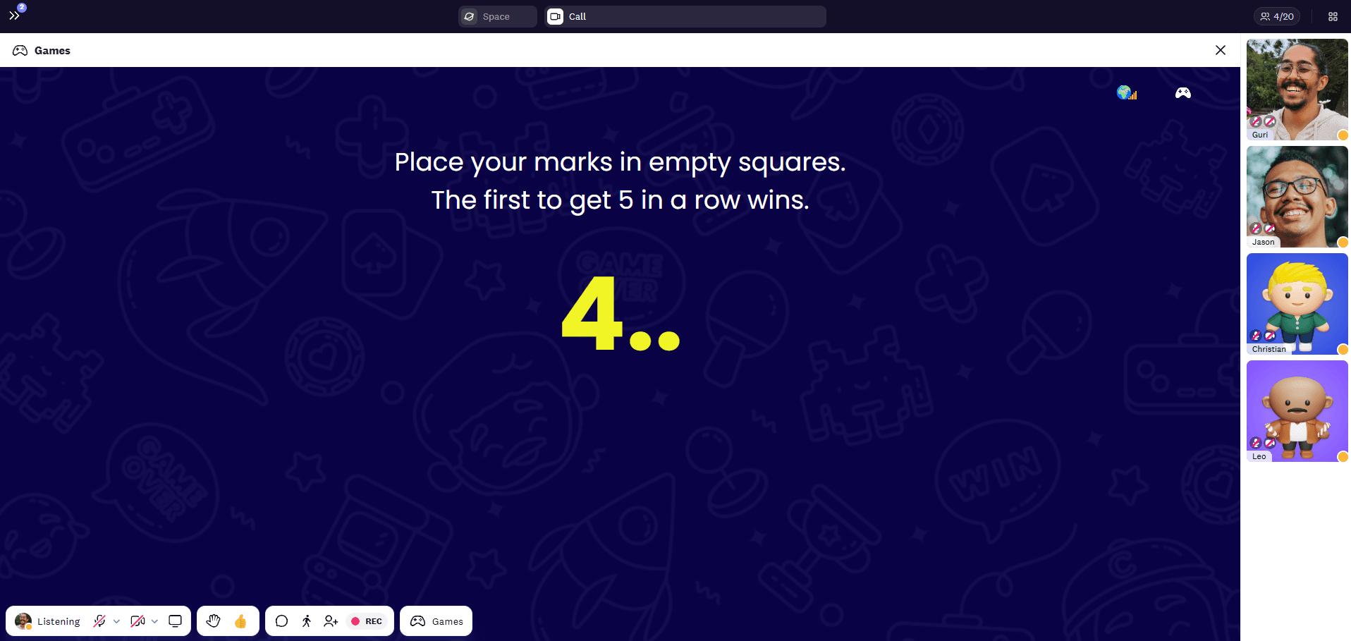 Place your O and X on the grid, and first player to match 5 in a row wins the Cosmos tic tac toe game.