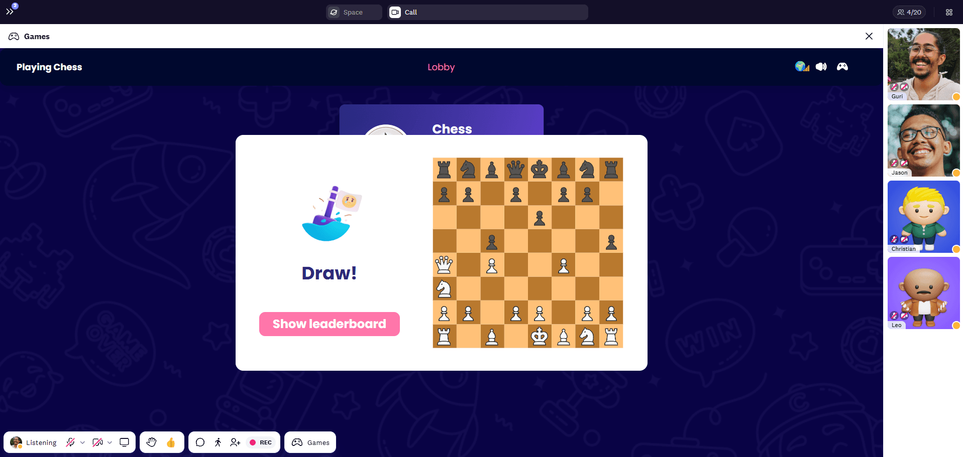 The chess game in Cosmos between 2 players resulted in a draw.