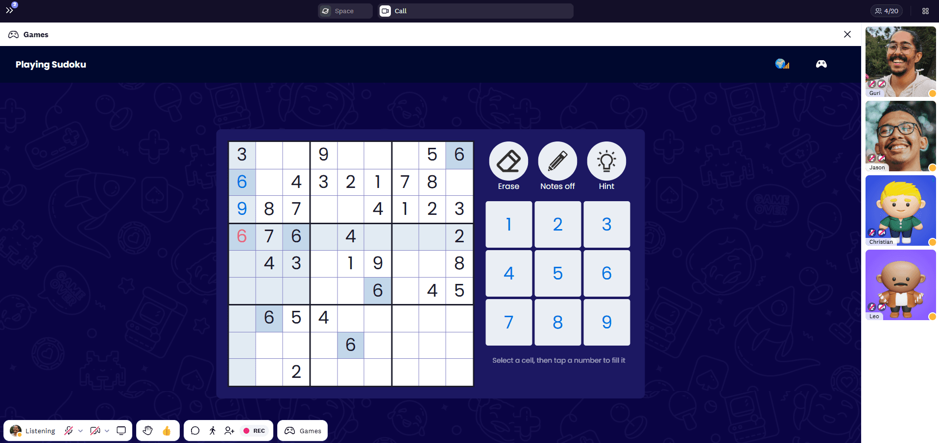 Sudoku game being played in Cosmos game room by a teammember.