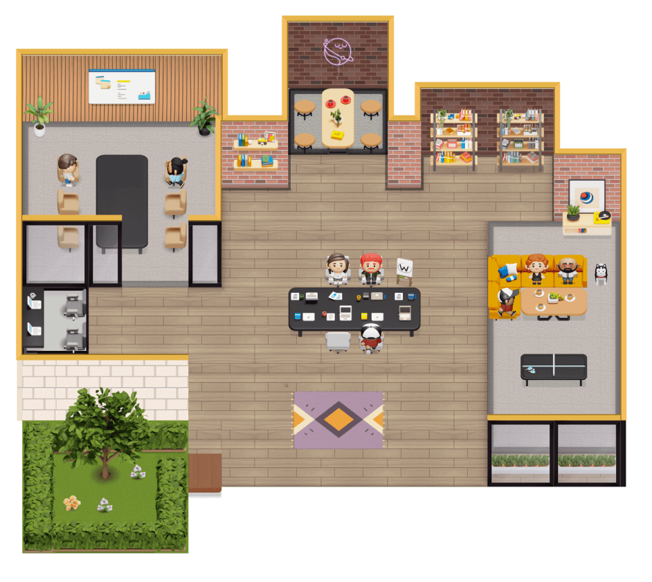 Cosmos virtual office in vibrant theme where people are present and talking to each other.