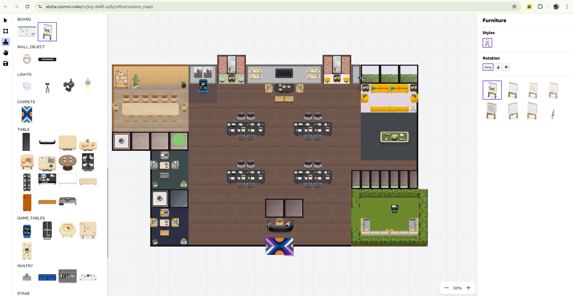 Example of a fully customisable vibrant space in Cosmos. You can change floors, furniture, decorations and everything about your space.