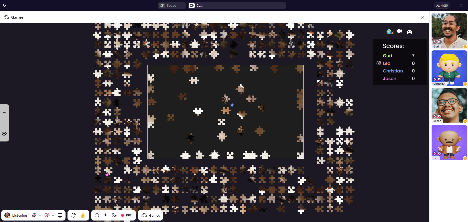 Teammates solving jigsaw puzzle in Cosmos video in real time. Picking and putting the pieces at the right spot to complete the image.