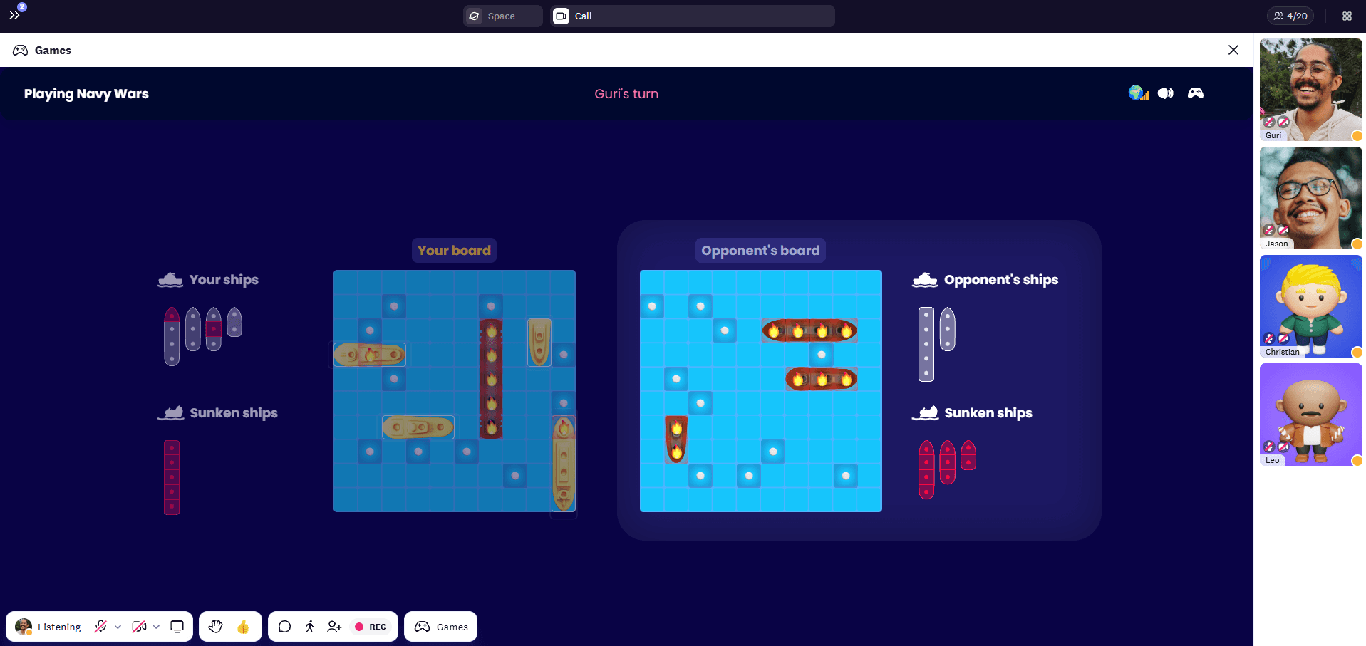 One vs one game of Navy wars in Cosmos video where the players place their ships on the grid and the other person tries to sink all of them to win.