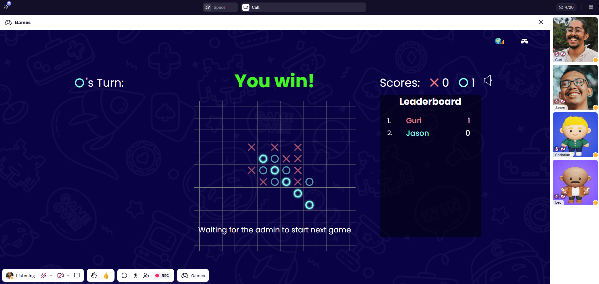 Twist on the classic tic tac toe game, where the grid is unlimited and the person to connect 5 will win.